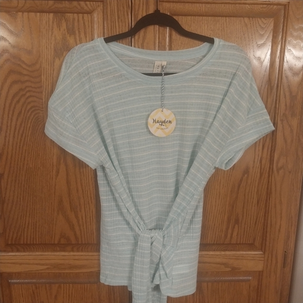 Hayden NWT Women's Tie-Front Short Sleeve Top Size Large Aqua Blue White Striped